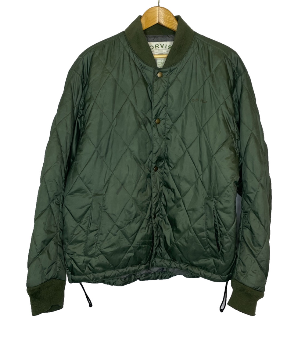 Men's Large Orvis Green Quilted Polyester Bomber Jacket Snap Front